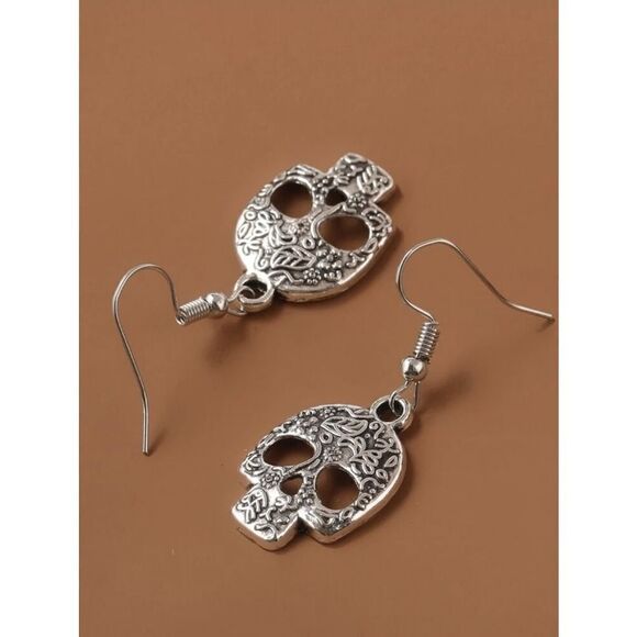 Silver Skull Etched Drop Earrings - Picture 3 of 5